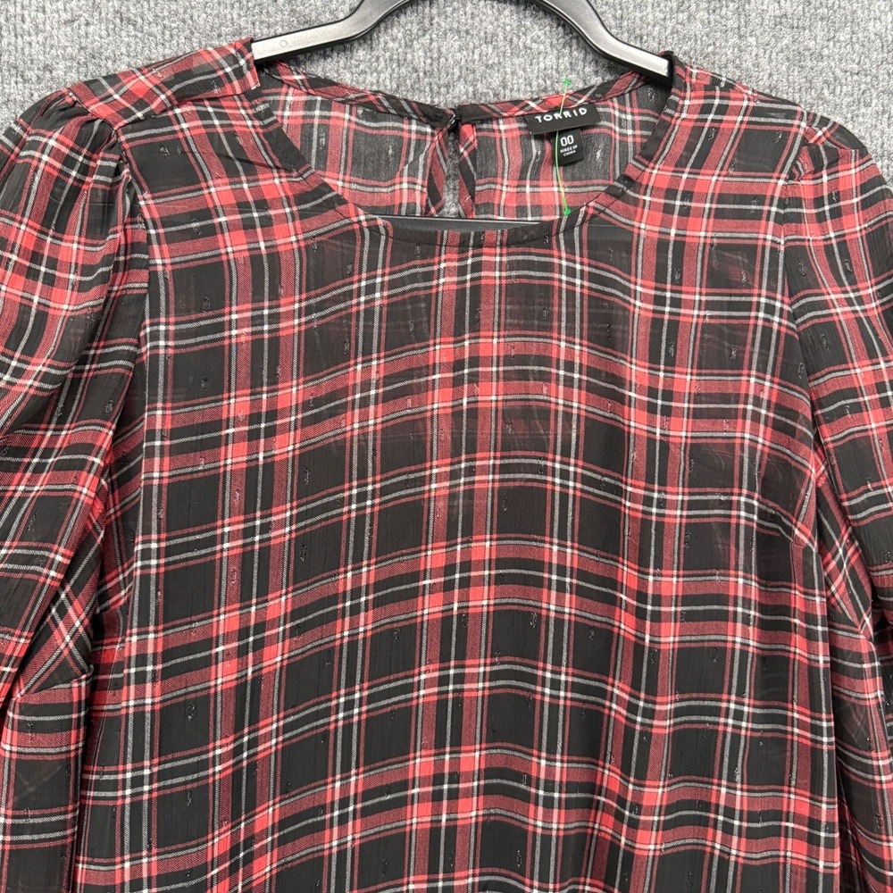 Torrid Blouse Top Womens M Black Red Plaid Mesh Sheer Whimsigoth Holiday Goth - Picture 2 of 8